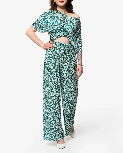 Royalfashion Zielony damski plisowany komplet w kwiatki