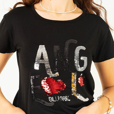 Royalfashion Czarny damski t-shirt z napisem z cekinów