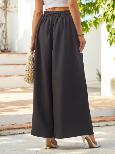 Royalfashion Elegantne široke ženske hlače z dekorativnim cvetom na pasu