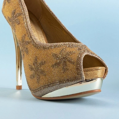 OUTLET Złote brokatowe damskie szpilki z cyrkoniami Yilla - Obuwie