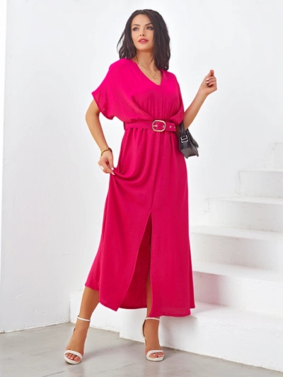 Royalfashion Ženska midi obleka s kratkimi rokavi, V-izrezom in osrednjim razporkom