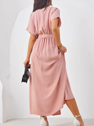 Royalfashion Ženska midi obleka s kratkimi rokavi, V-izrezom in razporkom na sredini