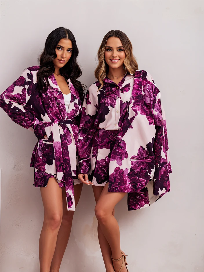 Royalfashion Ženski cvetlični set z zavezanim blejzerjem in kratkimi hlačami