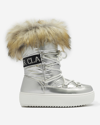 Royalfashion Srebrne dziecięce wsuwane buty a'la śniegowce z futerkiem Asika