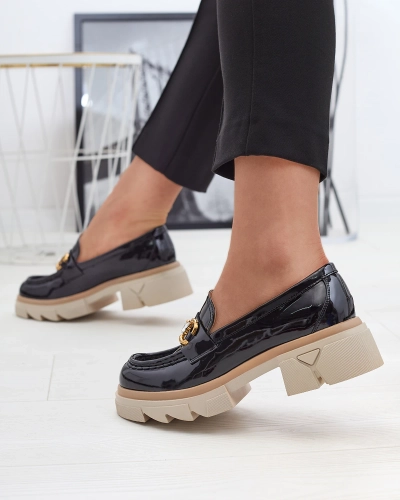 Royalfashion Lakierowane czarne damskie mokasyny z kryształkami Inriw