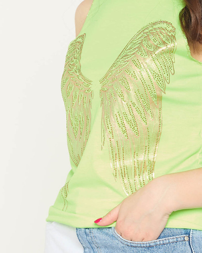 Royalfashion Neonowy zielony damski top ze złotym nadrukiem skrzydeł