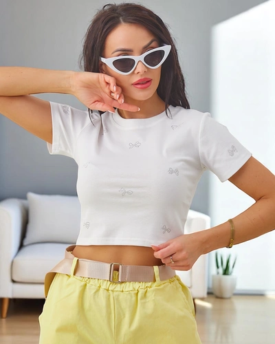 Royalfashion Ženski bombažni crop top z rhinestones v obliki pentlje