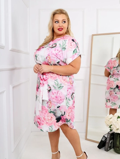 Royalfashion Ženska obleka do kolen s kratkimi rokavi in rožnatim trakom