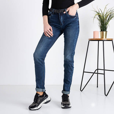 Royalfashion Granatowe damskie spodnie jeansowe z paskiem