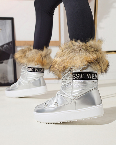 Royalfashion Srebrne damskie wsuwane buty a'la śniegowce z futerkiem Lilitsa