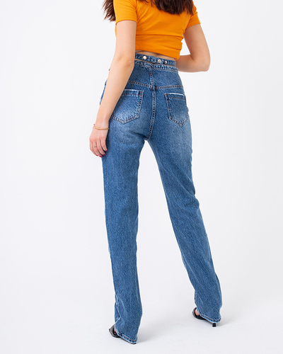 Royalfashion Niebieskie damskie spodnie jeansowe boyfriendy z ozdobnym paskiem