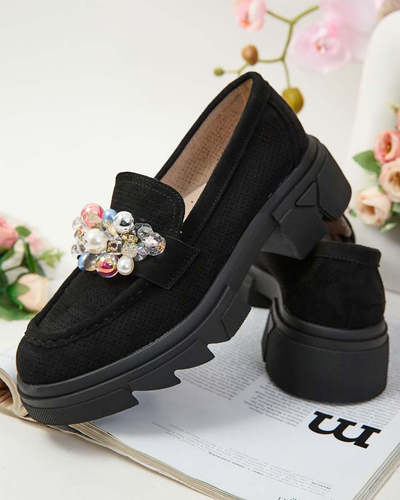 Royalfashion Črni ženski mokasini s pisanimi kristali Glam