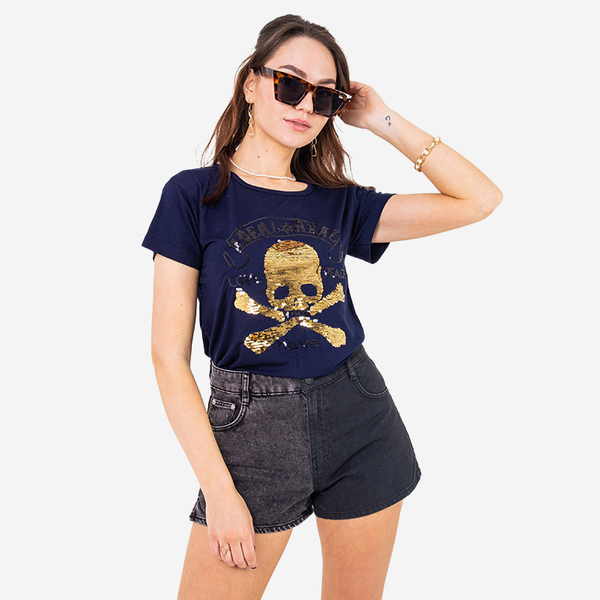 Royalfashion Granatowy damski t-shirt z cekinami i napisami