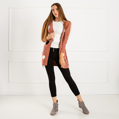 Royalfashion Ciemnoróżowy damski wiązany kardigan z kolorowymi kółkami