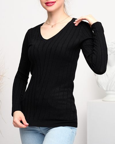 Royalfashion Sweter damski z dekoltem w serek w kolorze czarnym