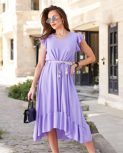 Royalfashion Ženska midi obleka z volančki in kratkimi rokavi