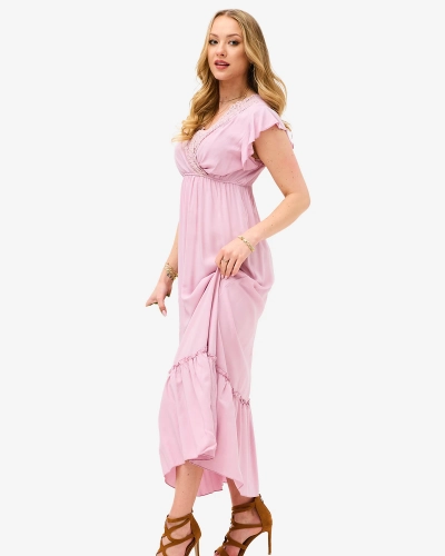 Royalfashion Damska różowa długa sukienka z koronką