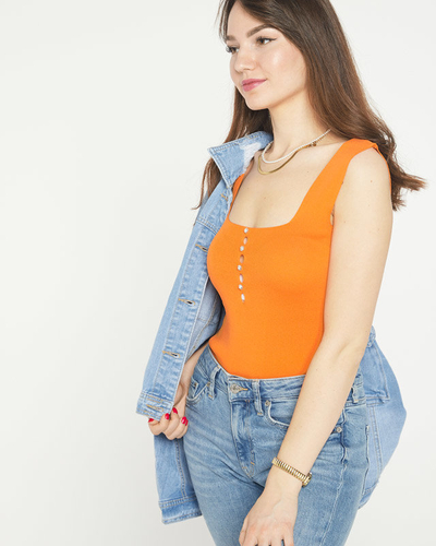 Pomarańczowy damski top z cyrkoniami a'la guziki- Odzież