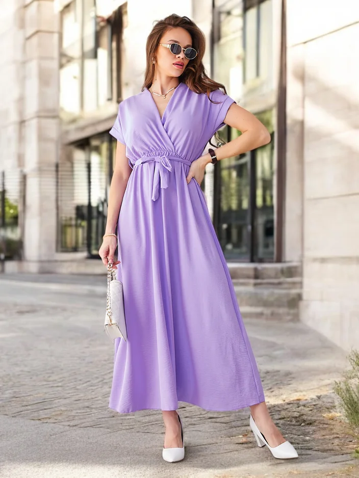 Royalfashion Ženska midi obleka z ovitim dekoltejem, kratkimi rokavi in pasom