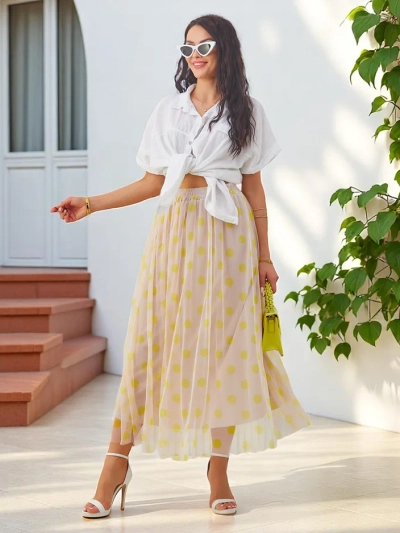 Royalfashion Ženska midi krila iz viskoze s tilom v pikicah