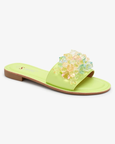 Royalfashion Neonowe zielone damskie klapki z kolorowymi kryształkami Bling Breeze
