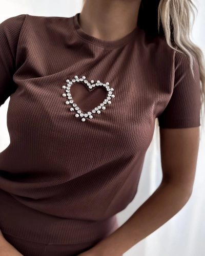 Royalfashion Ciemnobrązowy damski komplet sportowy z serduszkiem