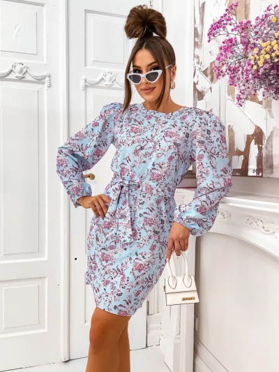 Royalfashion cvetlična mini obleka za ženske s puff rokavi in pasom