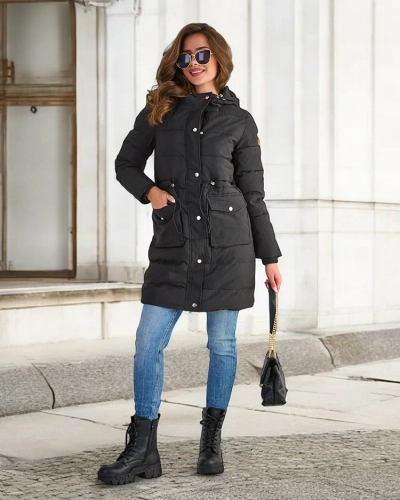 Royalfashion Czarna damska długa kurtka zimowa z syntetycznym ociepleniem