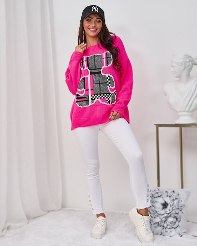 Royalfashion Neonsko roza ženski pulover z medvedkom