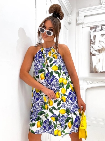 Royalfashion ženska mini obleka s špagetnimi naramnicami in pasom okrog pasu s trendovskimi limonami