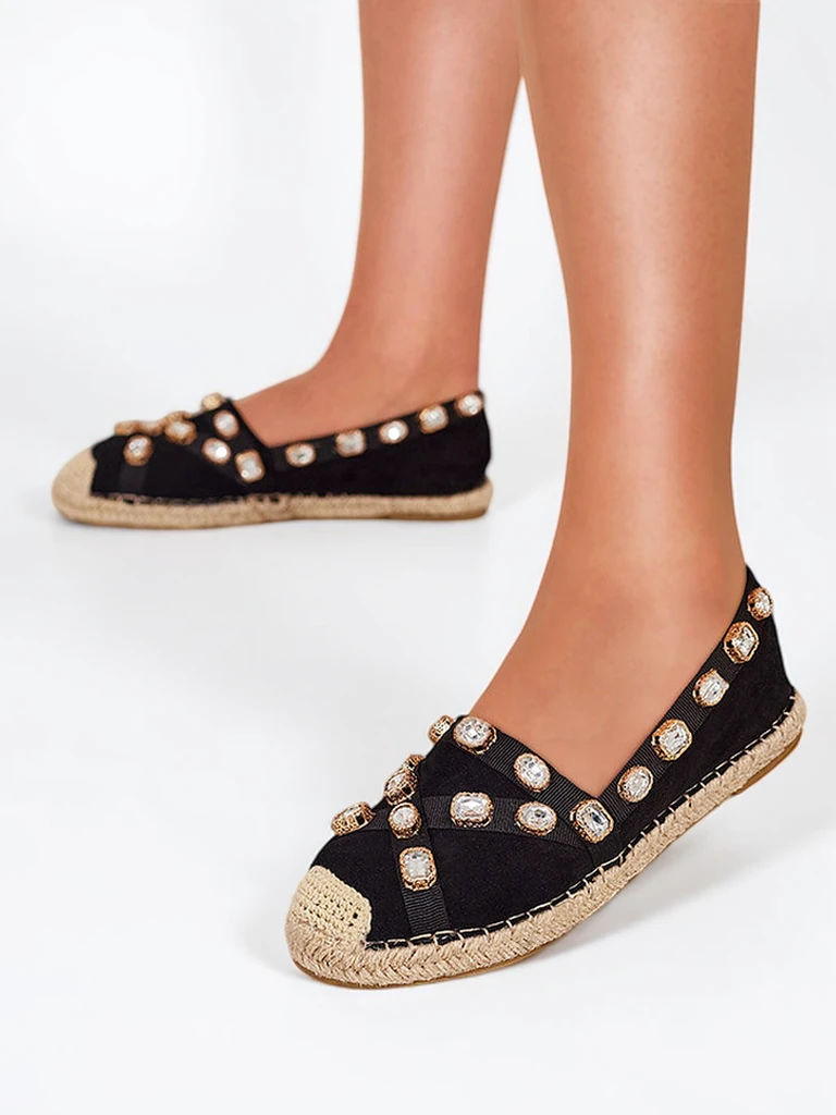 Royalfashion Czarne damskie espadryle z kryształkami Wamba