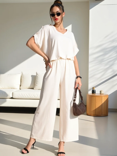 Royalfashion Ženski casual komplet s kratkimi rokavi in širokimi hlačami