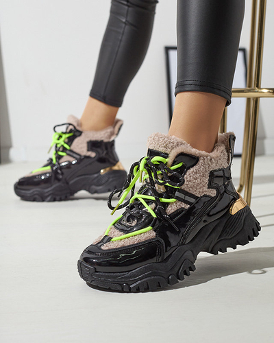 Royalfashion Czarne sportowe buty damskie z futerkiem i neonowymi żółtymi sznurówkami Adbo