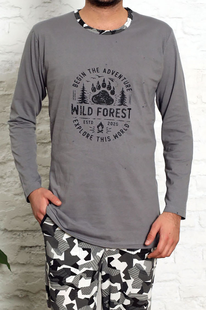 Granatowa męska piżama ze spodniami w kratę- Odzież