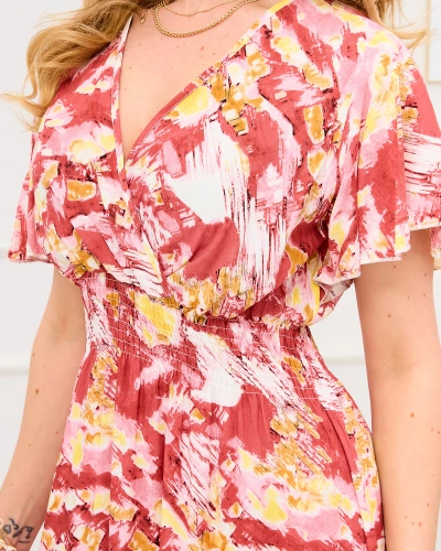 Royalfashion Czerwona damska długa sukienka z modnym wzorem