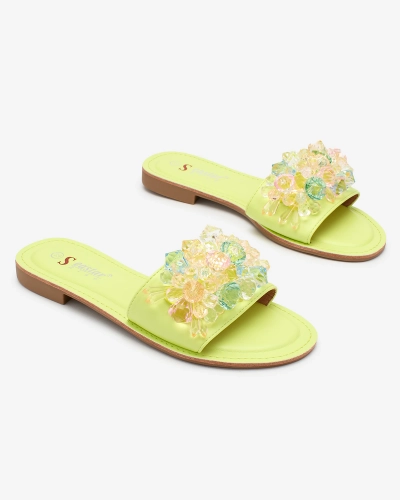 Royalfashion Neonowe zielone damskie klapki z kolorowymi kryształkami Bling Breeze