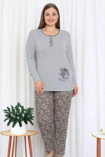 Royalfashion Sive ženske 2-delne pajamas z motivom leoparda VELIKOST PLUS