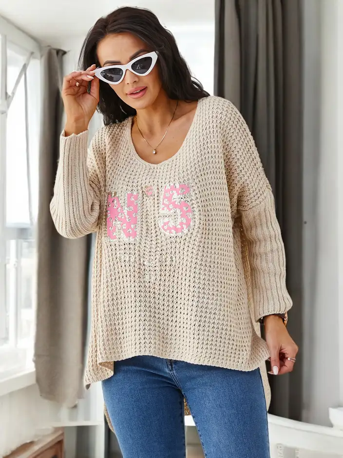 Royalfashion Ženski akrilni pleteni pulover z napisi
