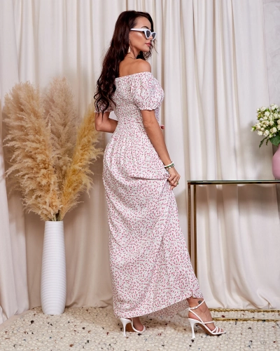 Royalfashion Biało- różowa kwiecista sukienka damska maxi a'la hiszpanka