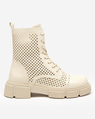 Ażurowe beżowe damskie botki na płaskim obcasie Rolika - Obuwie