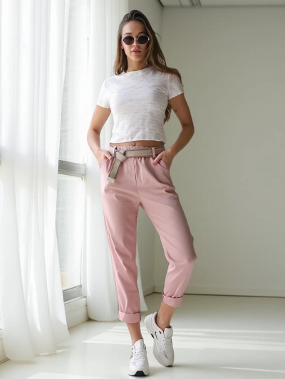 Royalfashion viskozne ravne ženske hlače z pasom