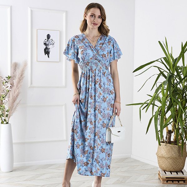 Royalfashion Niebieska damska długa sukienka w kwiaty