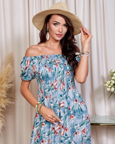 Royalfashion Niebieska sukienka damska midi w kwiaty