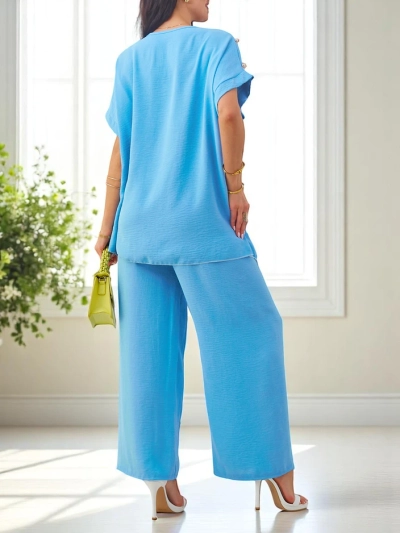 Royalfashion Ženski bombažni komplet s kratkimi rokavi in širokimi hlačami