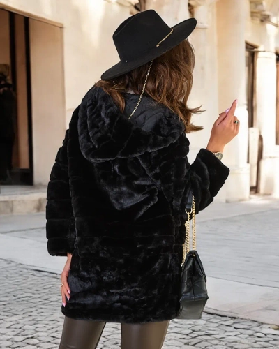 Royalfashion Črn krznen ženski plašč