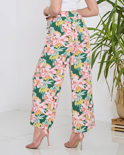 Royalfashion Damskie zielone spodnie typu palazzo z różowymi kwiatami