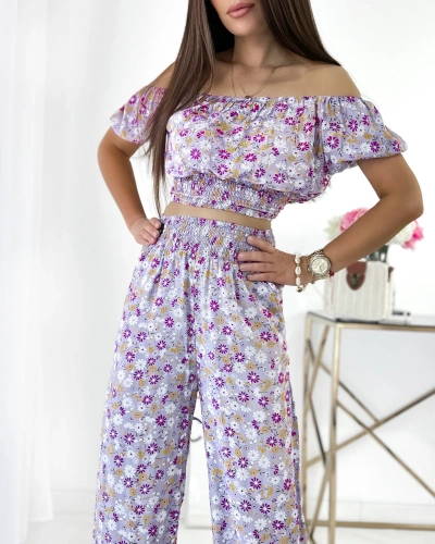 Royalfashion Fioletowy dwuczęściowy damski komplet w kwiatki