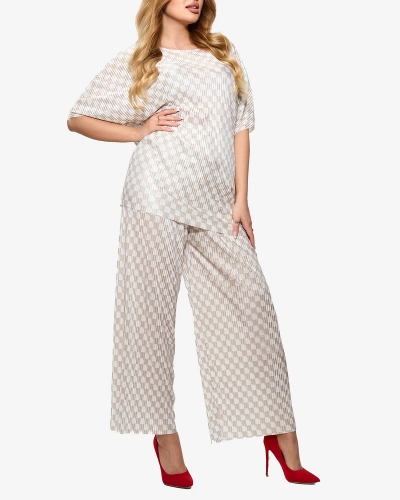 Royalfashion Beżowy damski plisowany wzorzysty komplet