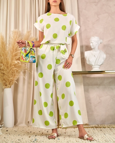 Royalfashion Zielono - biały damski komplet w groszki