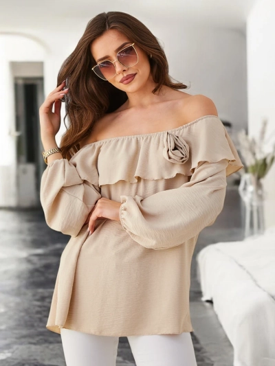 Royalfashion Ženska bluza v španskem slogu s čipkami in cvetom